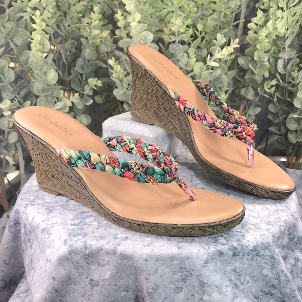 Goldtoe Braided Floral 3” Wedge Heel Thongs Women’s 10 ☀️Like NEW Condition☀️